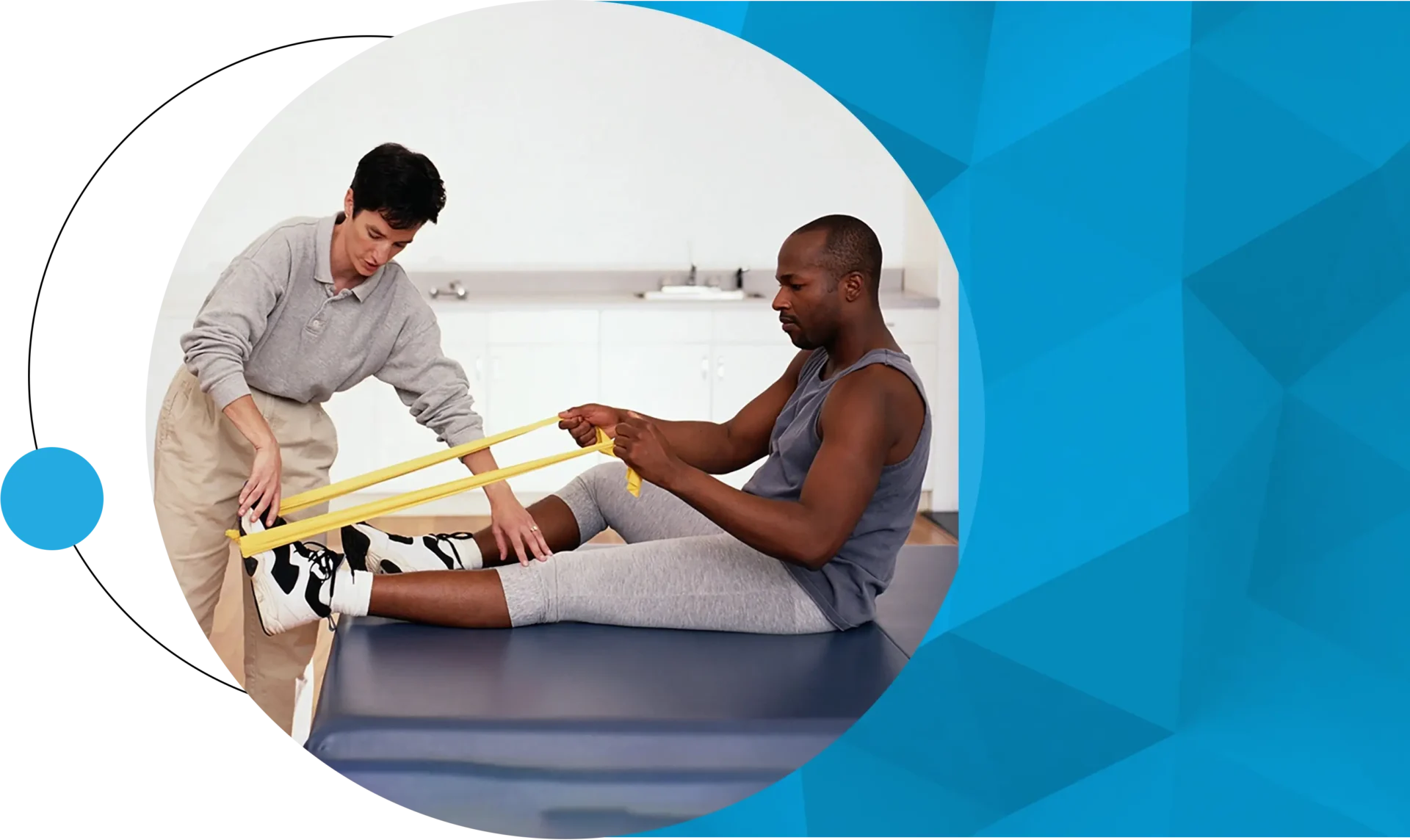 A man is using a resistance band to work on his foot.